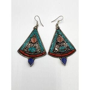 Earrings Statement Nepal Coral Lapis Turquoise InlayTibetan Boho
